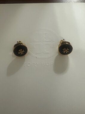 Tory Burch Black and Gold Logo Stud Earrings - Round Emblem